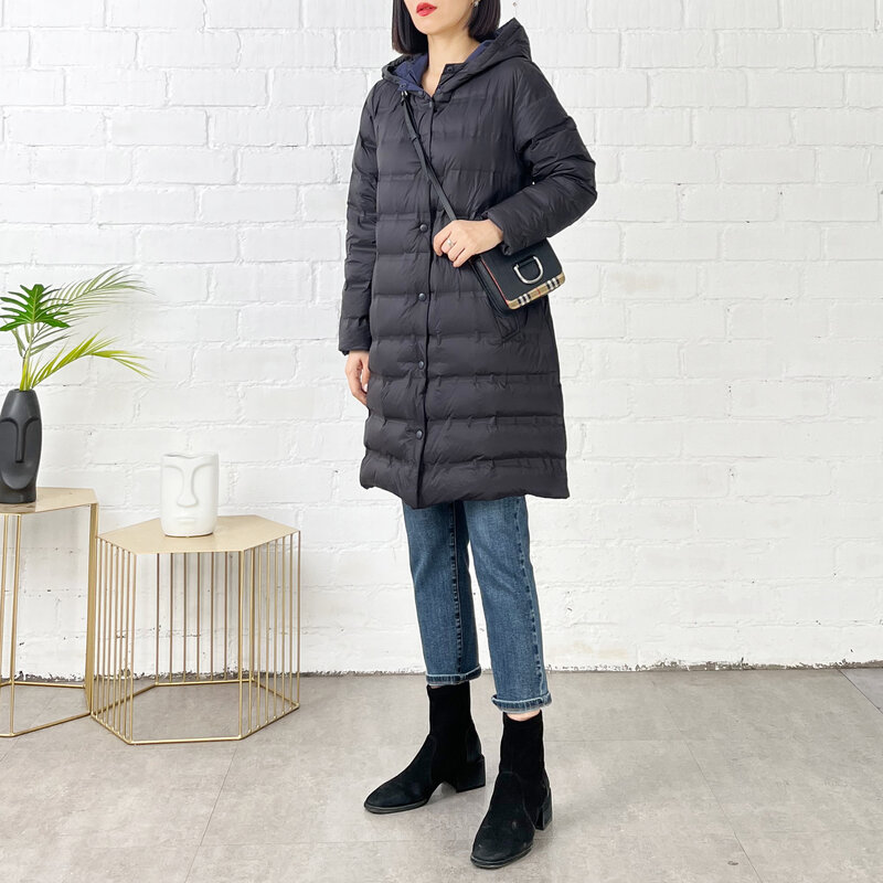 Jaqueta feminina 90% pato branco para baixo com capuz casaco longo reversível fina cidade casual casacos de inverno de armazenamento térmico jaquetas roupas de neve