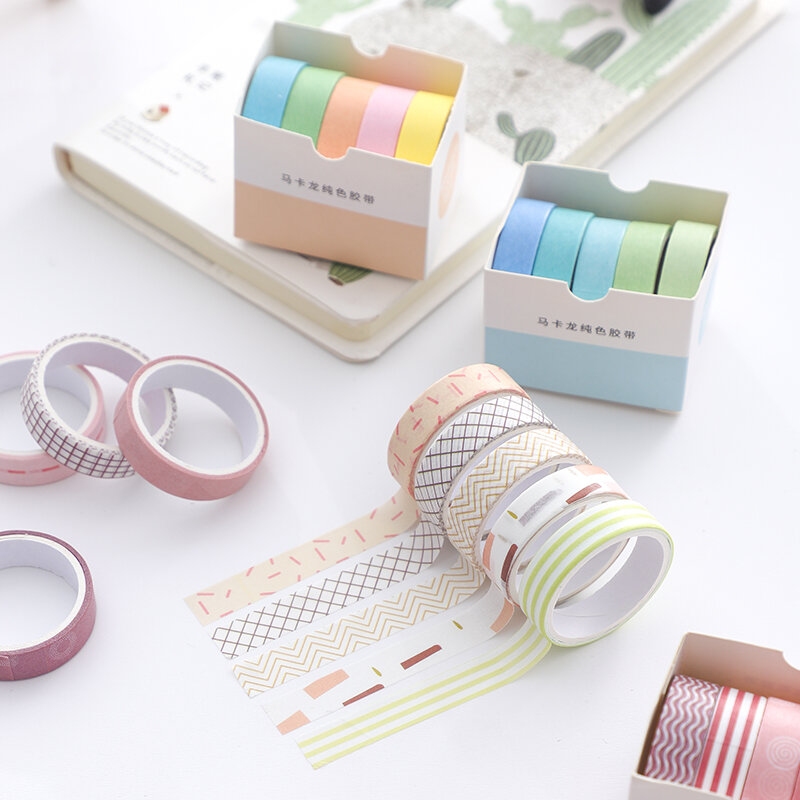 Cinta adhesiva decorativa de Color sólido para conjunto de cintas Washi, suministros de papelería escolar, para álbum de recortes, 5 rollos por caja
