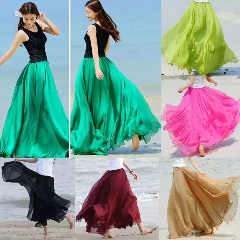 Женское двухслойное платье-макси в стиле бохо, шифоновый длинный сарафан, летняя пляжная Однотонная юбка из шифона, новинка 2022