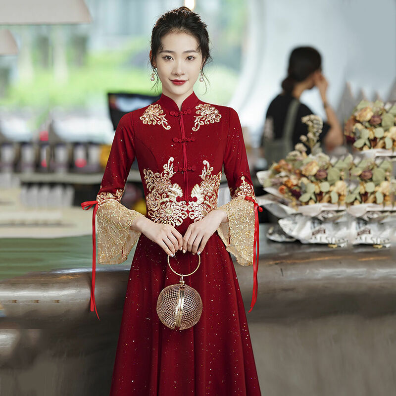 Gaun Pengantin 2022 Gaya Cina Baru Xiuhe Rok Cheongsam Untuk Perjamuan/Pernikahan/Pertunangan untuk Wanita Di Musim Panas/Musim Semi