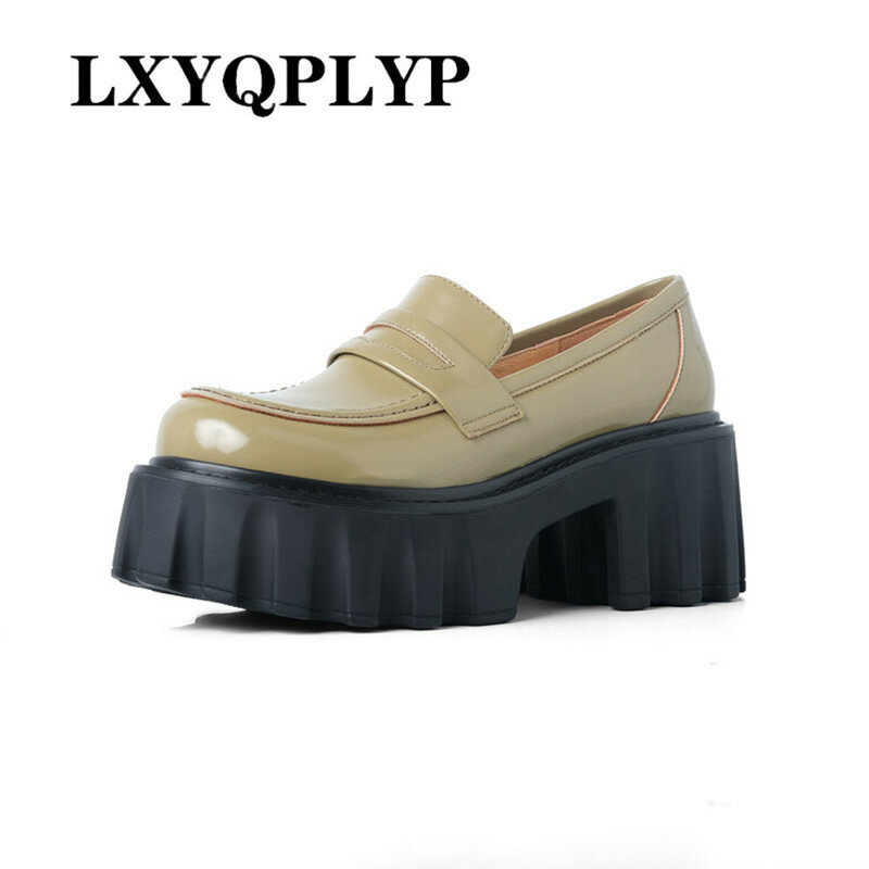 2022 spring new leather thick heel slip-on shoes women's thick-soled platform loafers round toe heightened small leather shoes