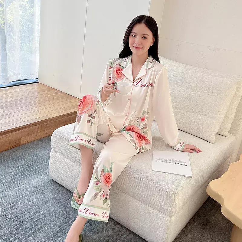 Ice Silk Pajamas Women's High-end Thin Section Can Be Worn Outside Silk Long-sleeved Large Size Home Clothes Spring and Autumn