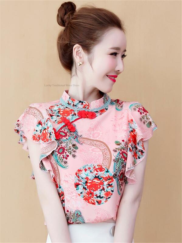 Blusa De Seda Vintage Chinês Estilo Chinês Floral Impressão Cheongsam Tops Mulher China Clássica Sem Mangas Qipao Camisa Top