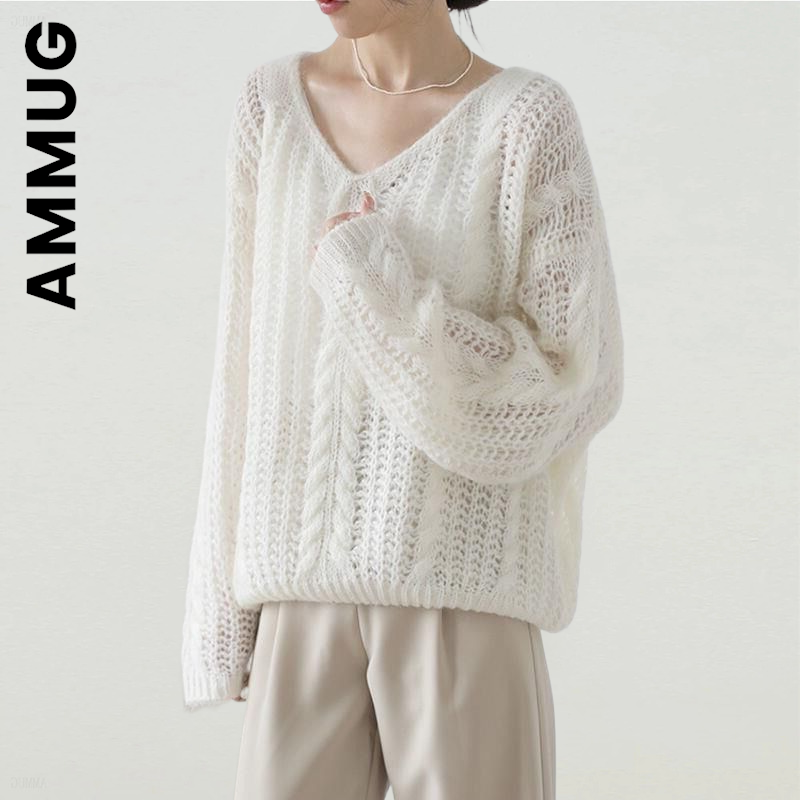 Женский свитер Ammug с V-образным вырезом, трикотажные модные милые элегантные женские свитера, мягкий женский джемпер для девушек, 2022, корейск...