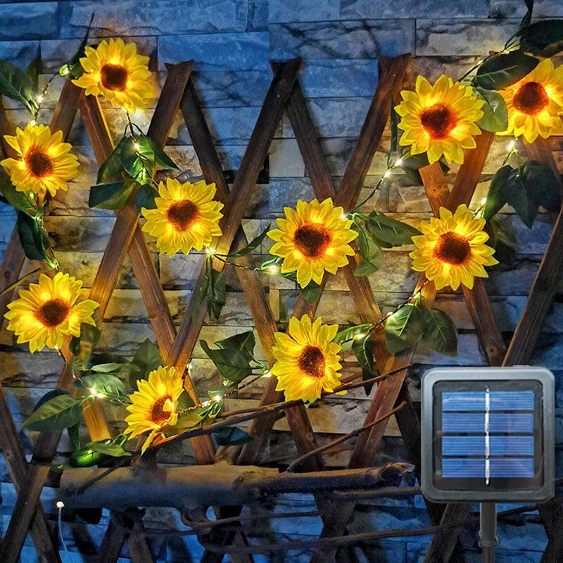 야외 태양열 꽃 해바라기 조명, 정원 장식용 스트링 LED 방수 시뮬레이션 요정 조명, 파티오 웨딩 파티용