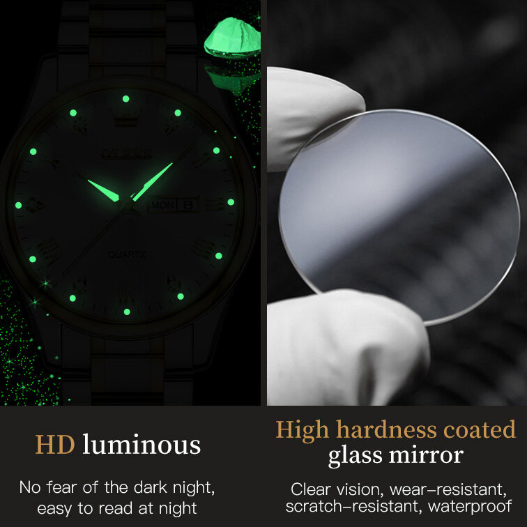 OLEVS Fashion orologio con cinturino in acciaio inossidabile per coppia orologi da polso da coppia al quarzo impermeabili con diamanti dorati luminosi