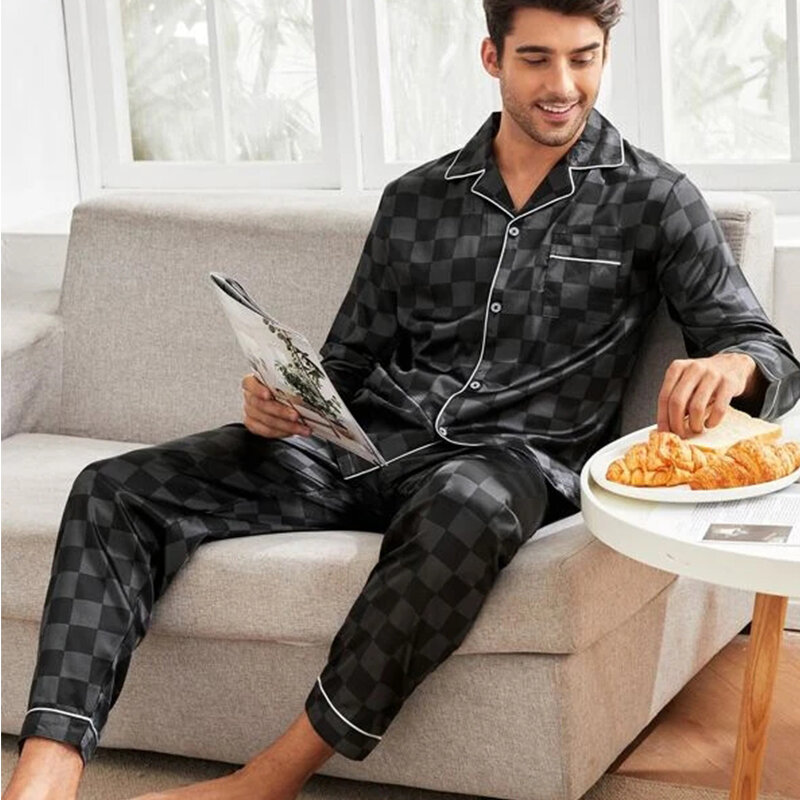 Men Checkered Silk Satin Pajamas Set Home Sleepwear Long Trouser Suit Female Sleep Two Piece Set Couple Loungewear Plus Size