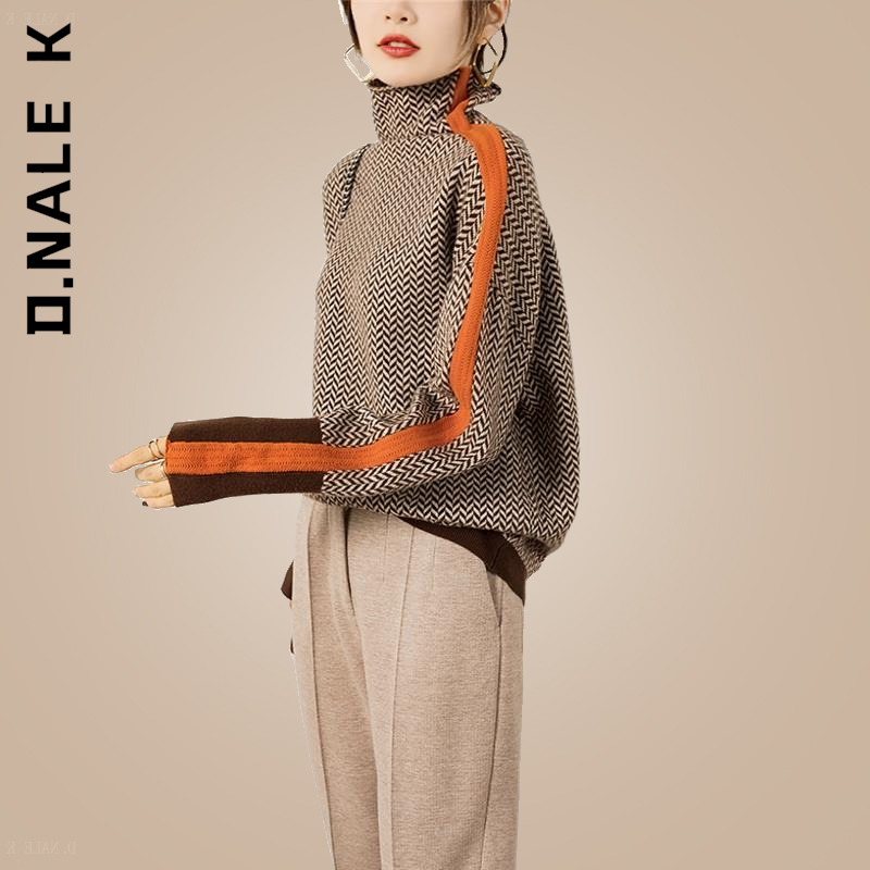 D.Nale K Elegant หลวมๆของผู้หญิงด้านบนฤดูหนาวผู้หญิงเสื้อกันหนาว Warm Pullover Commuter Retro Contrast สี