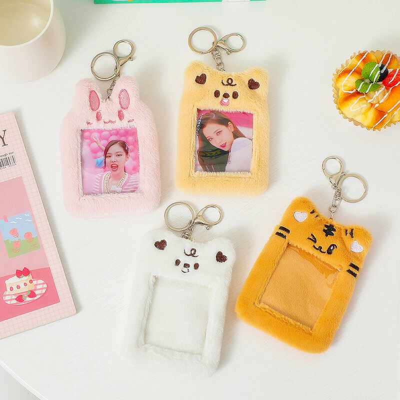เกาหลีน่ารักหมีกระต่าย Plush Photocard ผู้ถือ Kawaii Kpop Idol Photo Case ID Card พร้อมพวงกุญแจกระเป๋าจี้ decor