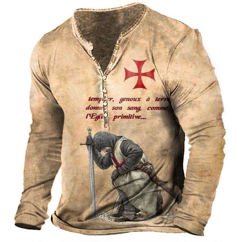 Templar vintage camisa de algodão masculina 3d impressão henry camiseta com decote em v oversized casual manga comprida camisa punk botão streetwear 5xl