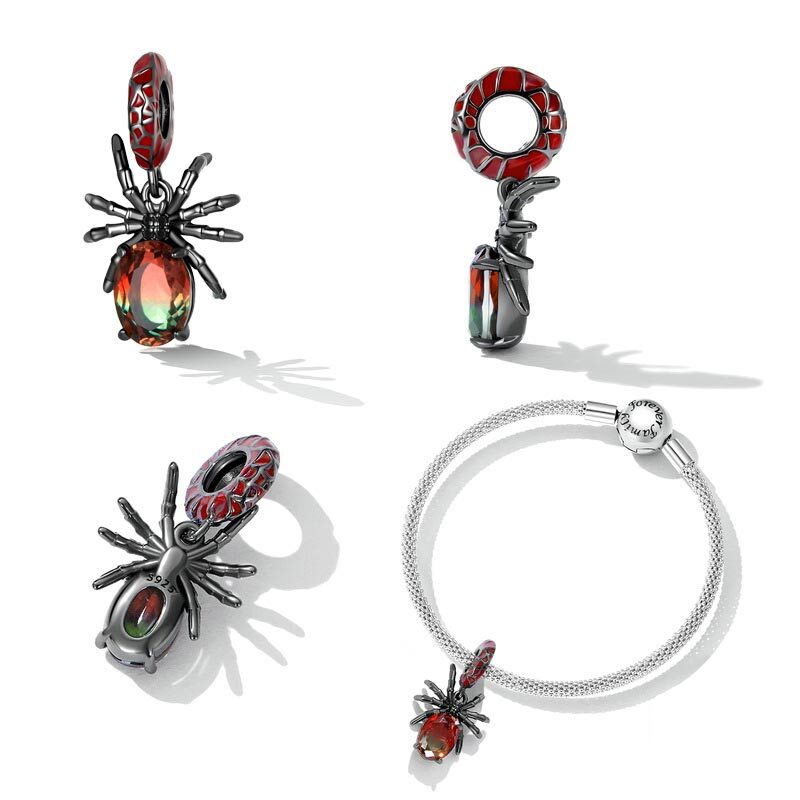 Authentic 925 Sterling Silver Jewelry Delicate Punk Black Red Spider Pendant Animal Bead Fit Original DIY Woman Bracelet Charms