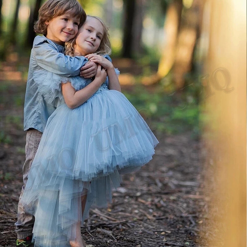 Gaun Anak Perempuan Bunga Mutiara Biru Mono Gaun Pesta Pernikahan Ulang Tahun Floral Couture Balita Anak Tulle Kostum Pertama Comunion