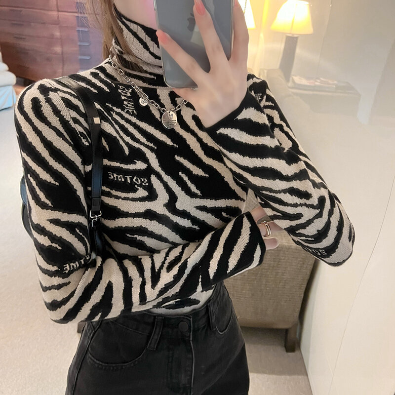 DAYIFUN Pullover Sweater Women Spring and Autumn Vintage Leopard Prind Turtleneck Pile-collar Bottoming Shirt Knitted Sweater