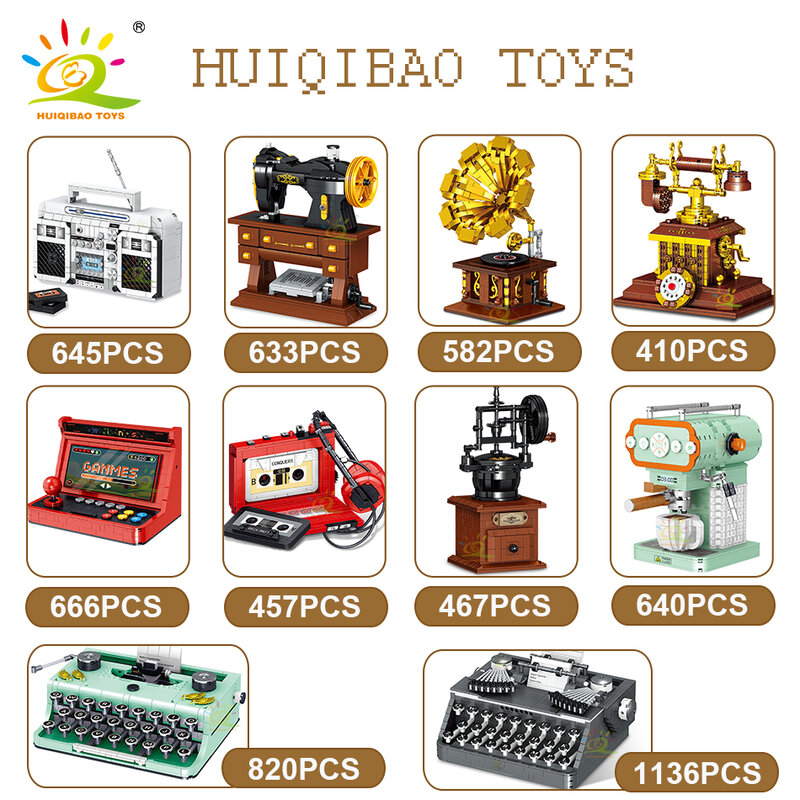 HUIQIBAO-Mini cámara Digital clásica, fonógrafo Vintage, Radio, creatividad, modelo, Micro bloque de construcción, máquina Retro DIY, ladrillos, juguete