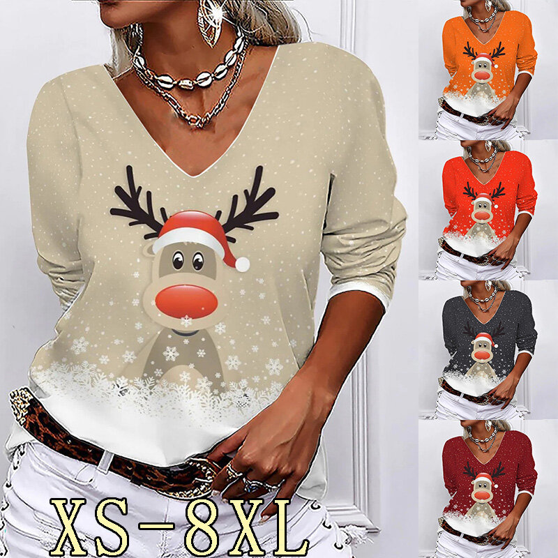 女性のVネックカイトプリント2022,新しい秋のコレクション,Vネック,長袖,カジュアルスタイル,クリスマス