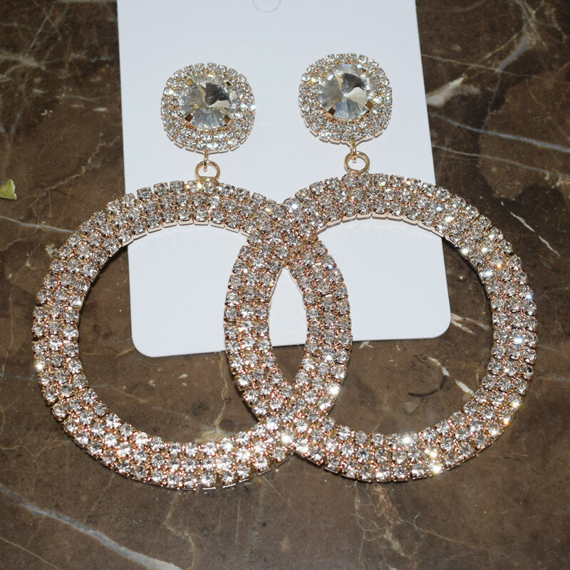 Baru Mengkilap Berlian Imitasi Penuh Lingkaran Besar Liontin Anting Menjuntai untuk Wanita Mode Perhiasan Merek Menunjukkan Pernyataan Anting Aksesori