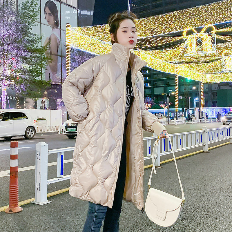 한국 패션 클래식 다운 코트 여성용, 중간 길이, 지퍼, 루즈핏, 다운 코튼 코트, 단색, 따뜻한 코트, 2022 겨울 상품