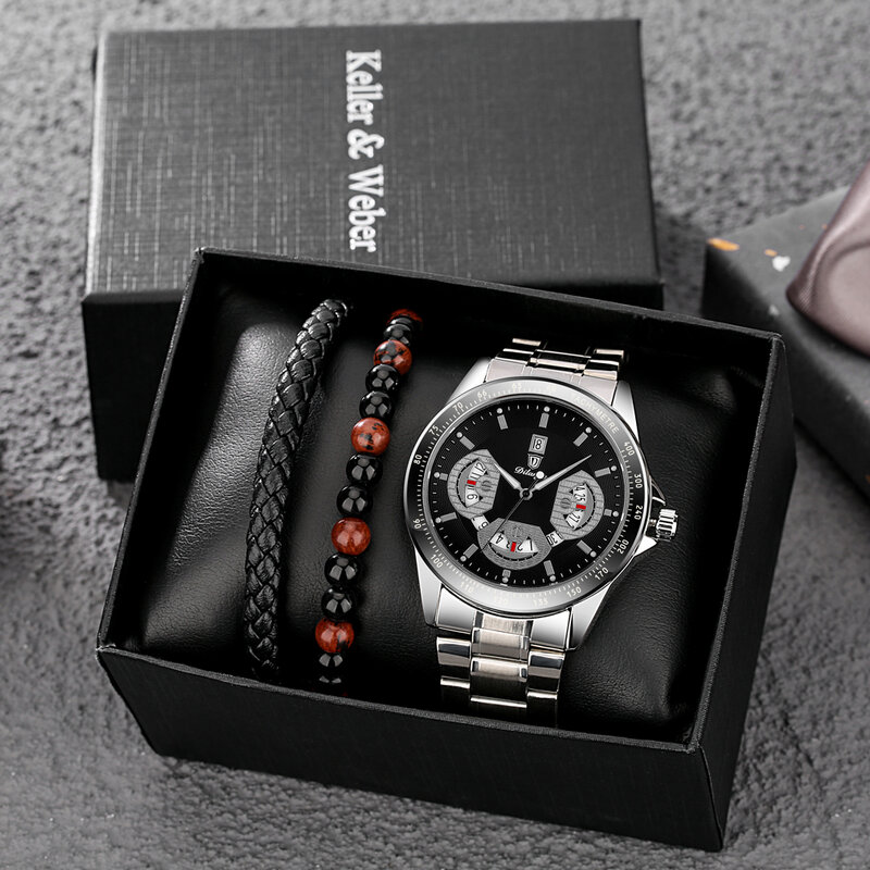 Mens Quartz นาฬิกาข้อมือสแตนเลสหรูหราแฟชั่นนาฬิกาสร้อยข้อมือชุดของขวัญสำหรับชาย Regalos Para Hombre