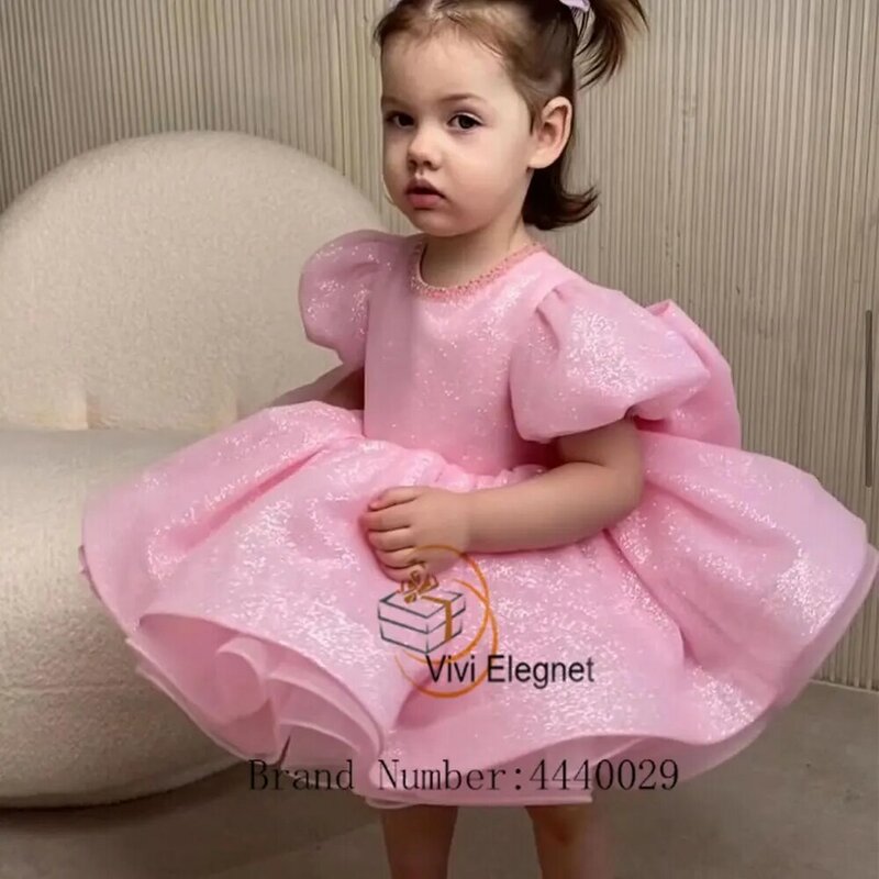 Женское платье-пачка длиной до колена, Розовые Платья с цветочным принтом для девочек, пышные платья с коротким рукавом для детского дня рождения