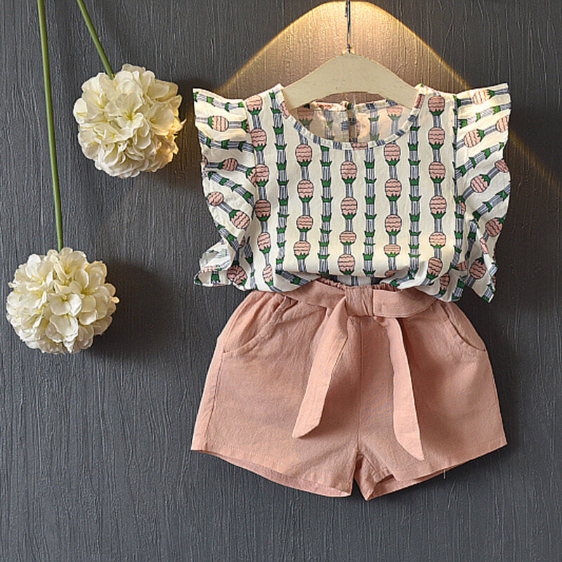 Menoea-새로운 봄 여름 꽃 어린이 민소매 티셔츠 + 단색 반바지 세트, 2 피스 아동 정장 패션 3-7T 아동복