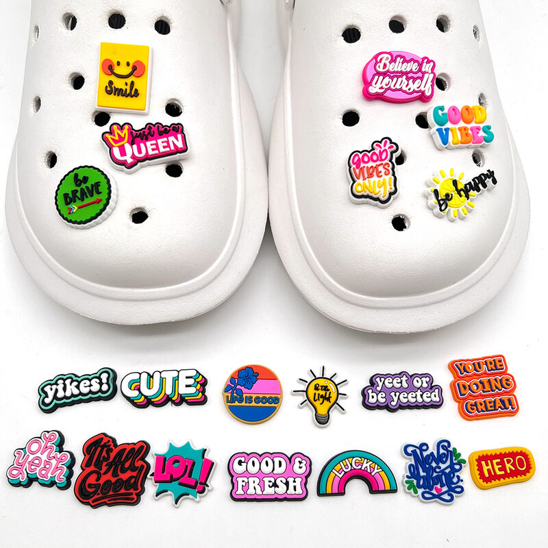 3-40Pcs JIBZ frasa huruf sepatu aksesoris sandal gesper dekorasi yang baik Vibes lucu untuk taman PVC Croc Charms hadiah anak-anak