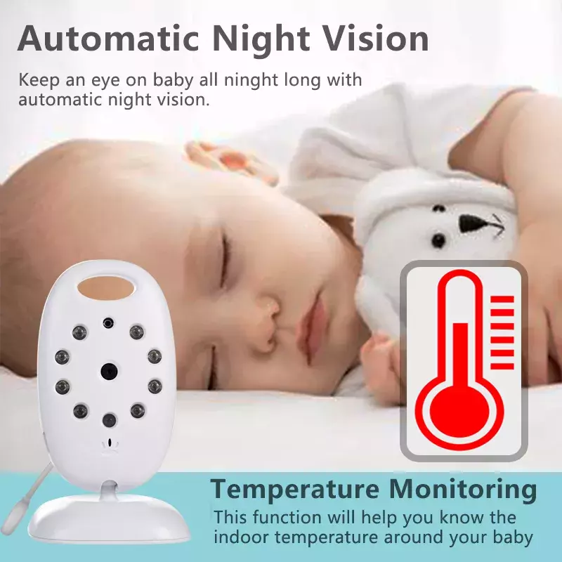 Babá eletrônica colorida sem fio VB601, vídeo monitor de bebês, câmera de vigilância, 2 vias, visão noturna de infravermelho, LED, monitoramento de temperatura e 8 canções de ninar
