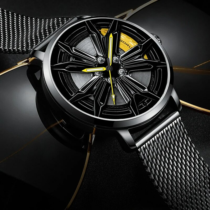 Fashion Mens Car Wheel Watches Stainless Steel Mesh Belt Waterproof Watch Men Quartz Wristwatch Luminous Clock relogio masculino