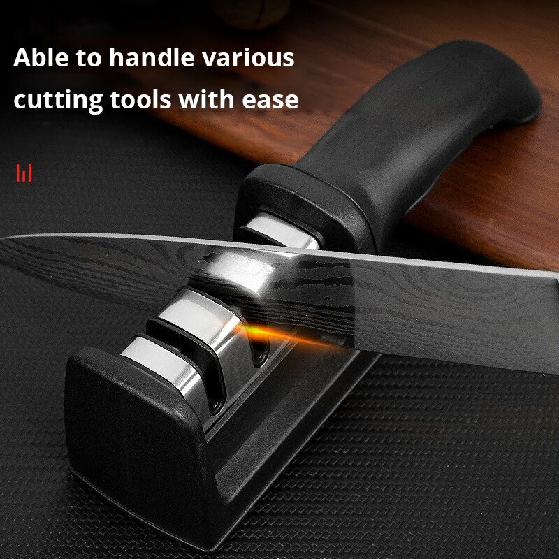 Afilador de cuchillos de 3 segmentos para cocina, piedra de afilar negra, multifuncional, de mano, tres usos