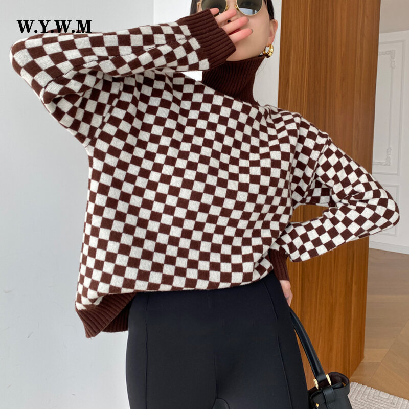 Wywm básico tartaruga pescoço xadrez camisola feminina inverno solto grosso quente malha pulôver elegante malhas roupas femininas jumper