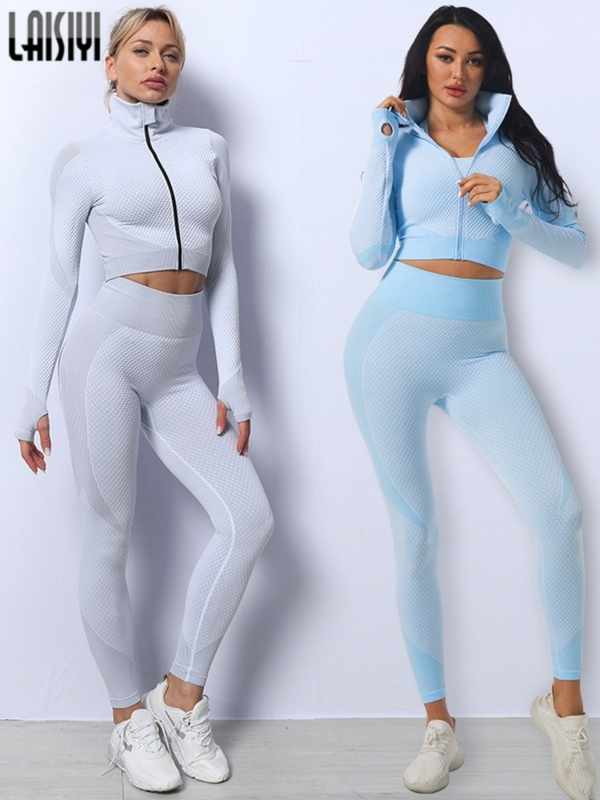 Autumn Sets Women 3 Piece Legging Zip Crop Top Bra Anti-cellulite Leggings Seamless Suits Gym Outfits Casual Winter Tracksuits