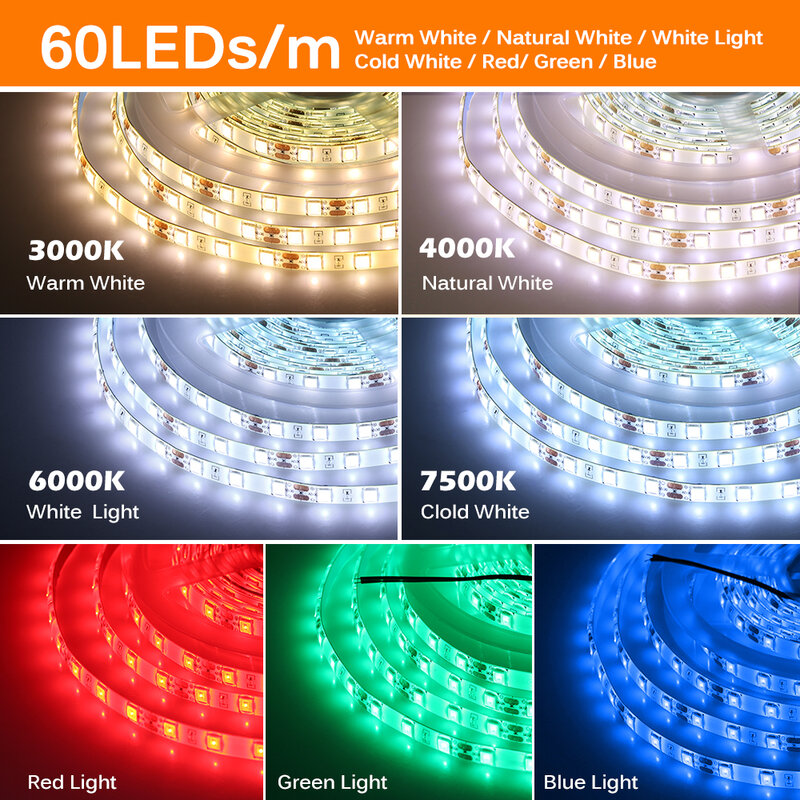 5M 60/120LEDs 5054 LED Strip Cahaya Tahan Air DC12V Fleksibel LED Lampu Kecerahan Tinggi dari 5050 Biru Hijau Merah Putih RGB