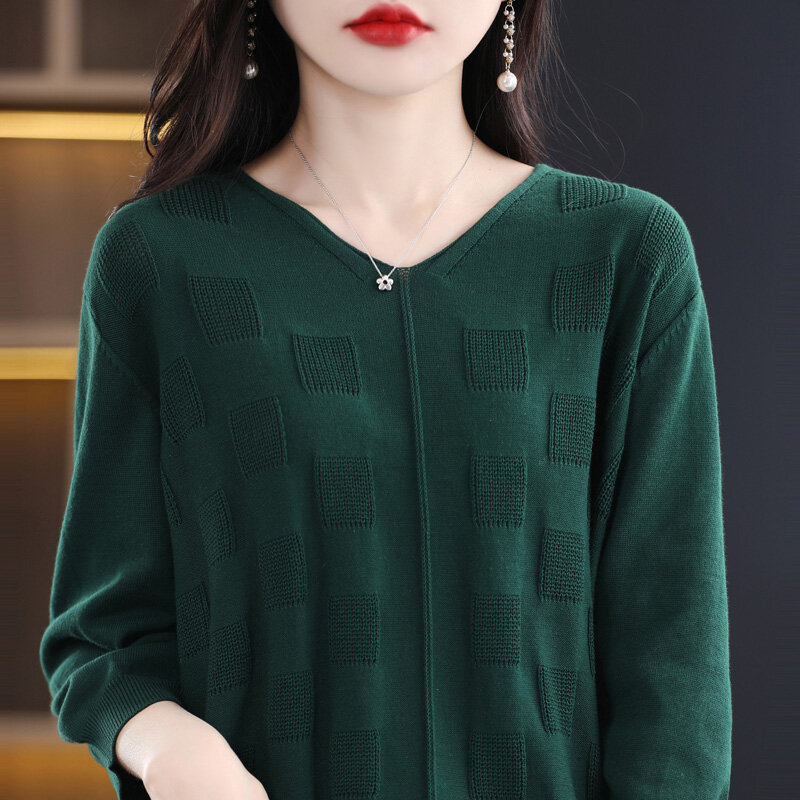 Spring New Cotton Yarn Cropped Sleeve V-Neck Sweater Women's Short Loose Solid Color Bottoming Simple Pullover Sleeve Top