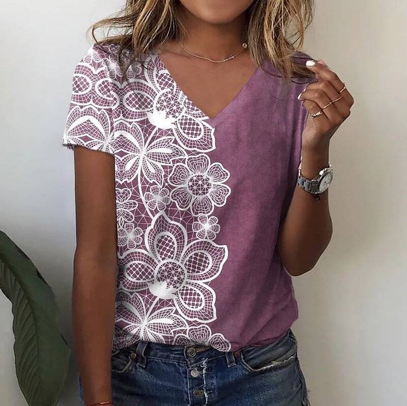 Женская футболка с цветочным принтом, V-образным вырезом и коротким рукавом
