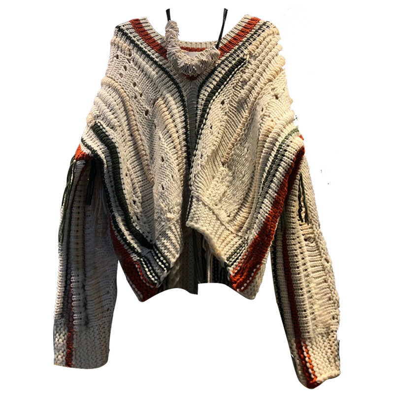 Jersey de punto con flecos y cuello en V para mujer, jersey de manga larga con contraste de Color, gran tamaño, costura, otoño e invierno, 2022