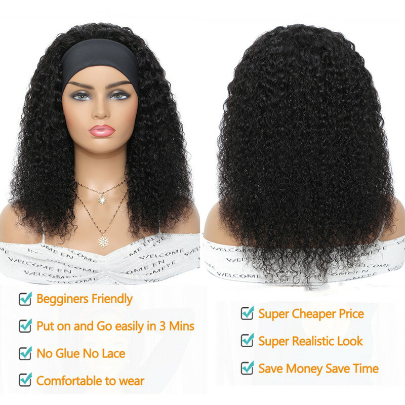 Perruque bandeau bouclée sans colle pour femmes noires, cheveux Remy brésiliens, densité 150%