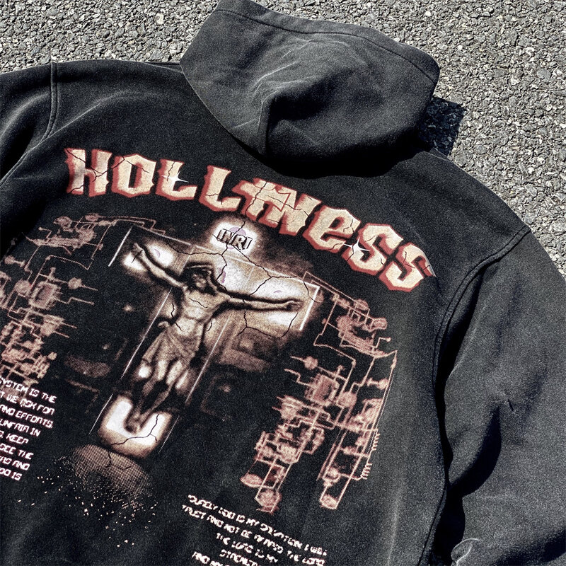 วินเทจผู้ชายล้างเสื้อฮู้ดดี้กันหนาวพระเยซู Letter พิมพ์ Hoodie Hooded Hip Hop Streetwear Harajuku เสื้อคลุมย้อนยุค