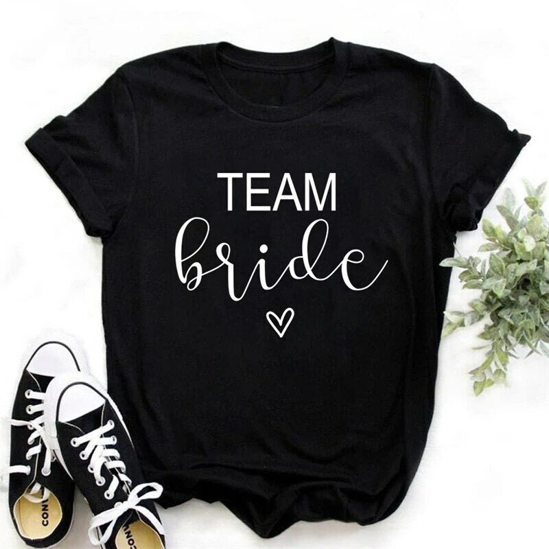 Birde Team Bruid Letters Grafische Gedrukt Vrouwen T-shirt Meisjes Wedding Black Tops Bachelor Party Harajuku Casual Korte Mouw