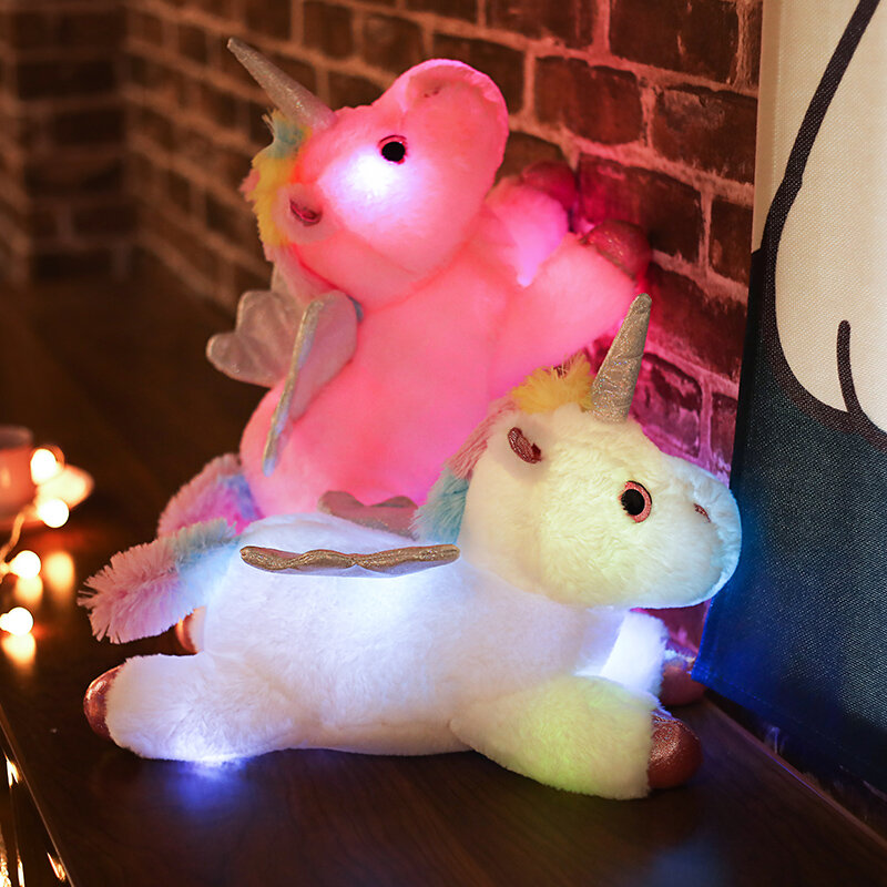 Kawaii LED متوهجة ملونة يونيكورن ألعاب من القطيفة متوهجة الحيوانات المحشوة Unicornio لعبة الحصان لطيف تضيء دمية الفتيات هدايا عيد الميلاد