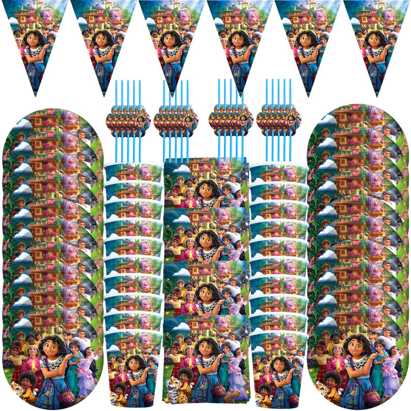 Disney encanto decorações de festa de aniversário descartáveis conjunto de utensílios de mesa copos de papel placas bandeiras chá de fraldas crianças meninas fontes de festa