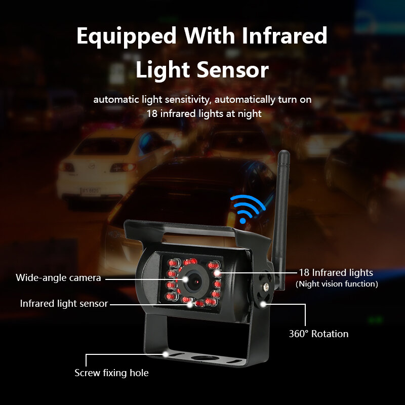 Monitor Truk Nirkabel 7 "Kamera Tampilan Belakang Wifi 18 Lampu Inframerah Perekam Cadangan Terbalik Penglihatan Malam untuk Bus Mobil RV Ekskavator