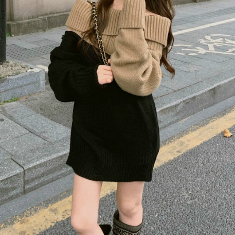 Women Sweater Autumn Winter Loose Casual Color Matching Thick Pullovers Female Fashion Patchwork Slash Neck Long Sleeve  Sweater
