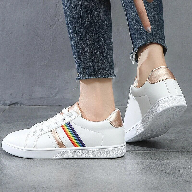 Fashion White Shoes Women Lovely Rainbow Design Youth Student Lace-up Simplicity  Vulcanized Shoes Flat Casual Women Sneake