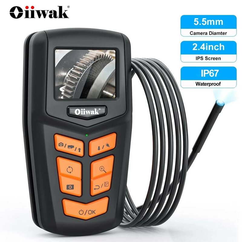 Oiiwak 1080p mini câmera 5.5mm endoscópio 2.4 "câmera de inspeção ip67 para carros câmera de vigilância 1800mah recarregável led luz