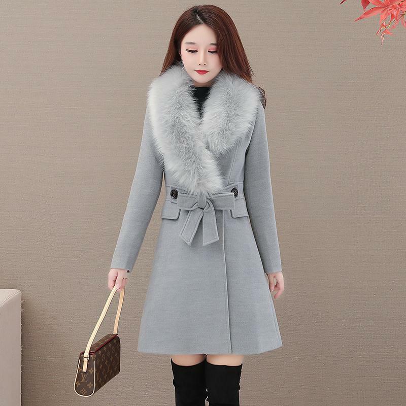 Abrigo de lana con cuello de piel para mujer, abrigo grueso de Color liso a la moda para otoño e invierno, T305, novedad de 2023
