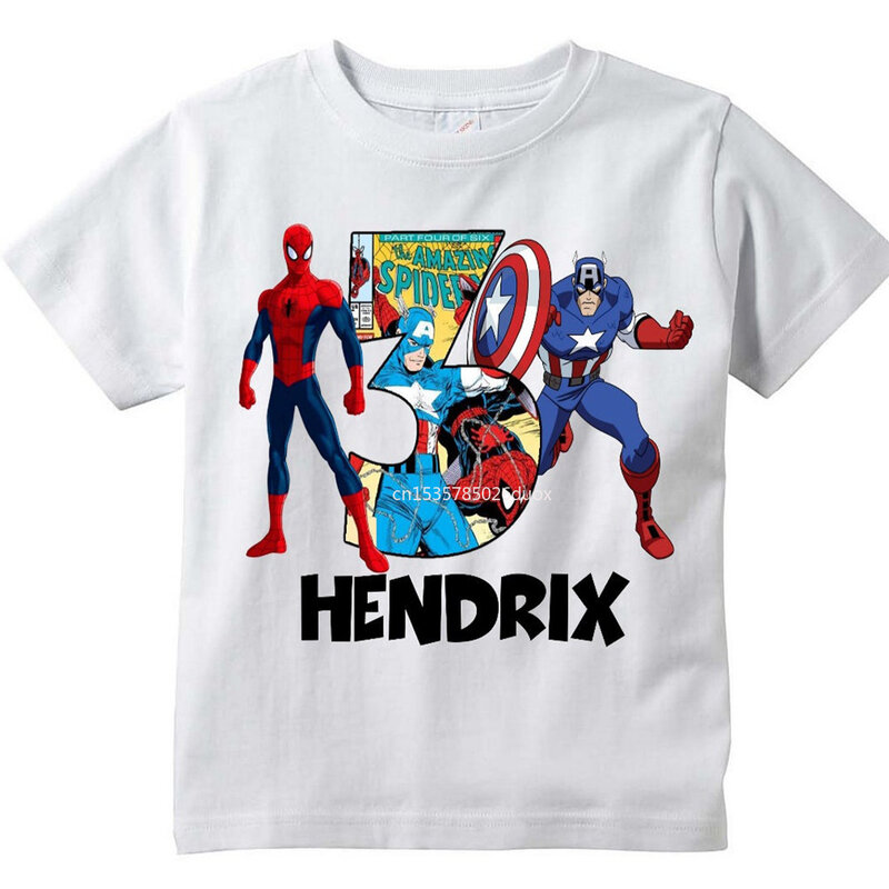 3 4 5 6ปี Marvel Avengers Hulk Iron Man วันเกิดเด็กเสื้อปรับแต่งชื่อวันเกิด Boy เสื้อยืด Spiderman วันเกิดเสื้อผ้า
