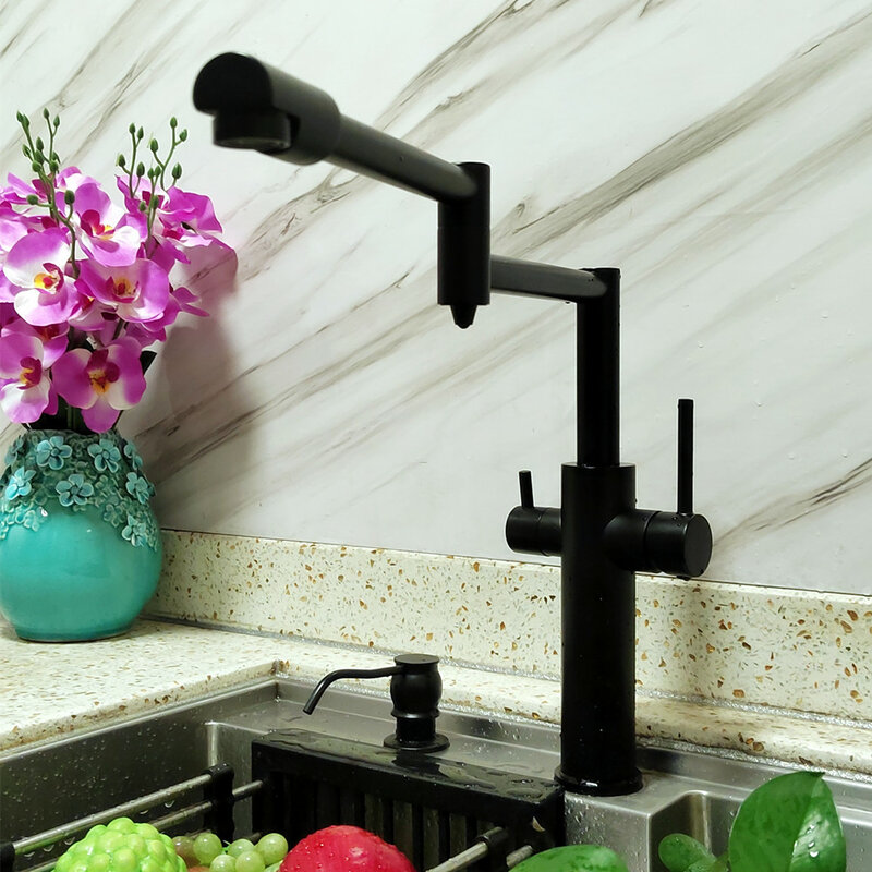 VOURUNA Matte Black 3 Way Water Filter Tap Pot Filler Deck Mounted Triflow Kitchen Faucet with Drink Water