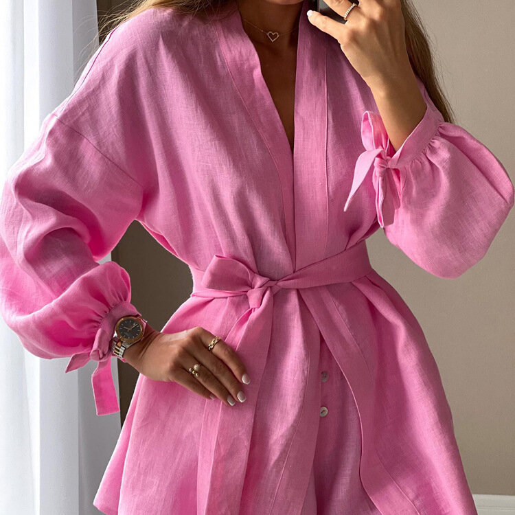 Autumn Lace-Up Robes Tops Two Pieces Set Womens Casual Loose High Wiast Shorts Set Elegant Pink Home Suit with Shorts