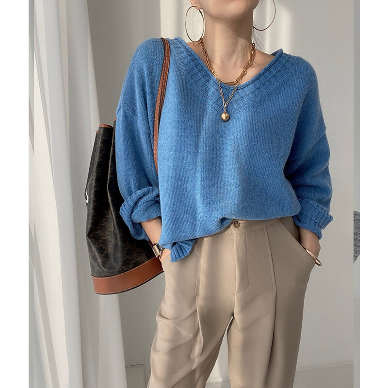 Vestuário feminino vintage tricô camisola v pescoço frisando manga longa casual simplicidade coreano moda baggy topos senhoras outono
