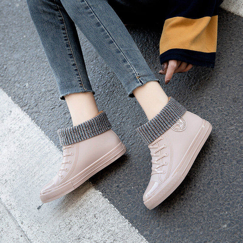Zapatos de lona de goma impermeables para mujer, botines planos a la moda, Botas de lluvia para exteriores, zapatos de lluvia de algodón para invierno