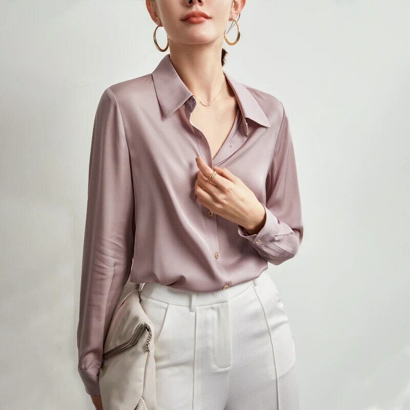 女性のための長袖シルクサテンシャツ,襟付きのエレガントな無地のブラウス,92%